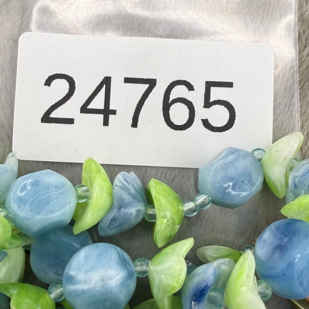 Vintage Estate Plastic Bead Necklace Blue Green Floral Upcycle Repair 32”